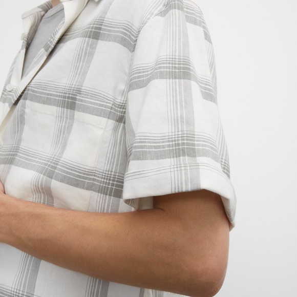 Plaid Linen Blend Roll Sleeve Shirt - New With Tags - NEVER WORN - White - Picture 3 of 5